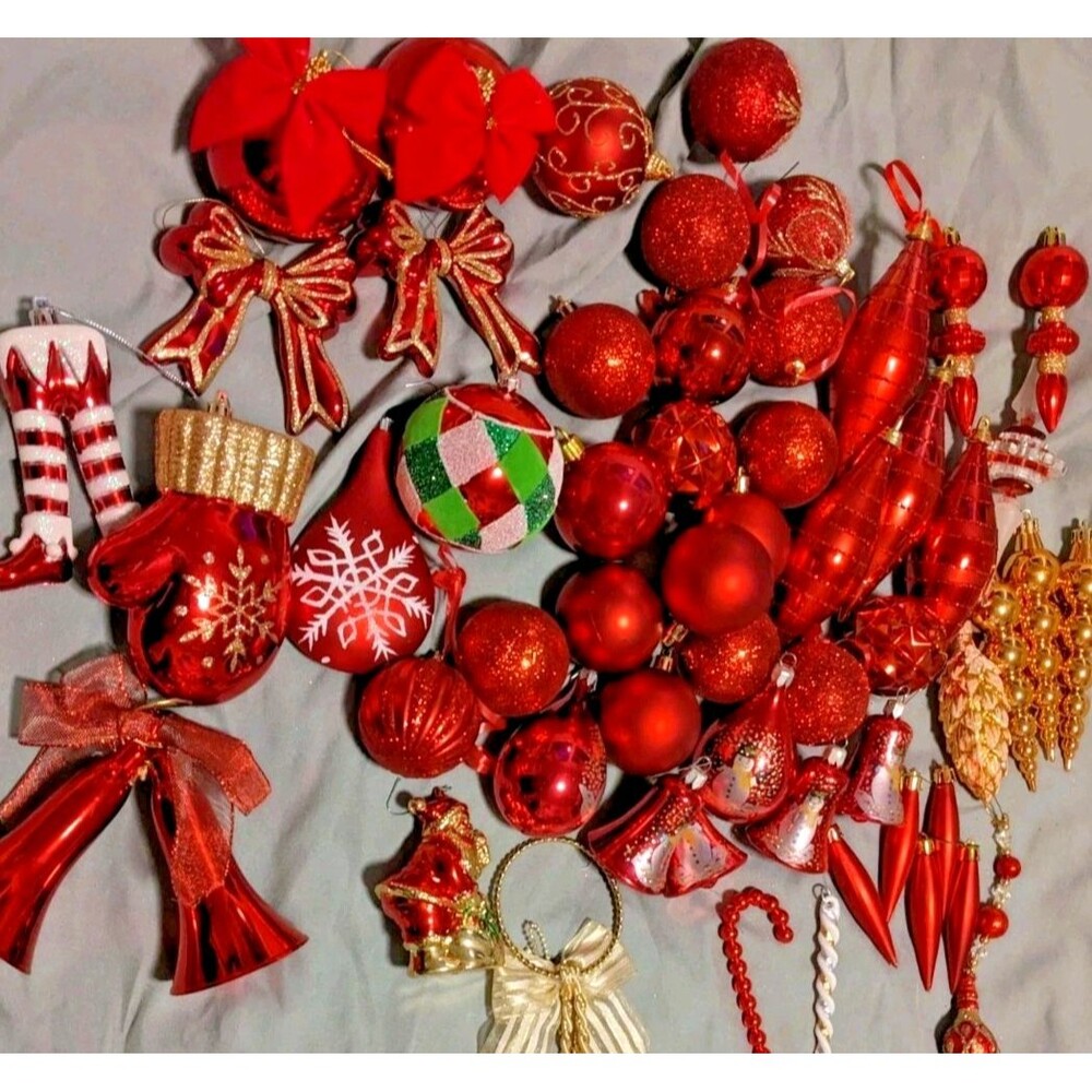 50+ Unbreakable Shatterproof Red Gold Christmas Ornament Lot Shapes Glitter Drop